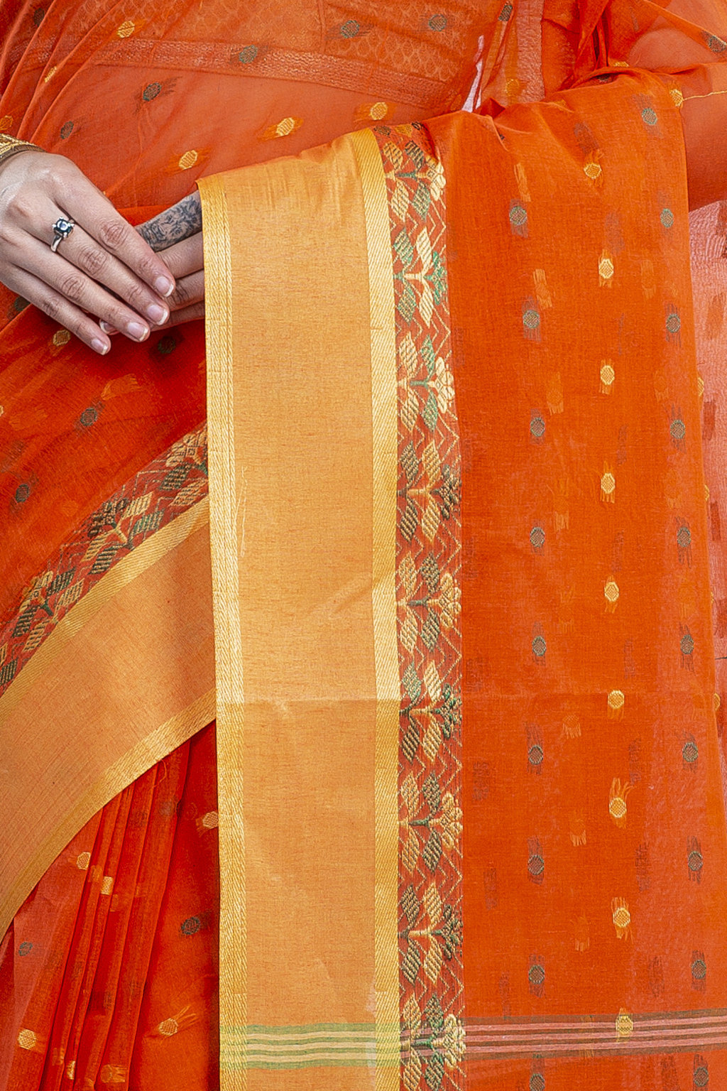 Orange Pure Cotton JoraPata Tant Saree (781)